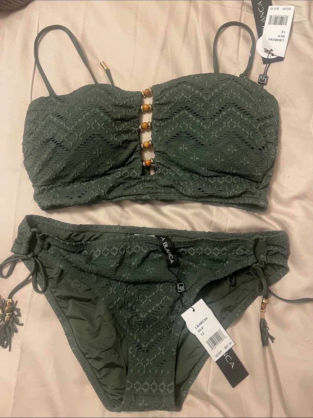 La Blanca Salt Olive Green Eyelet Bandeau Bikini Set NWT UPF 50+ MSRP $153